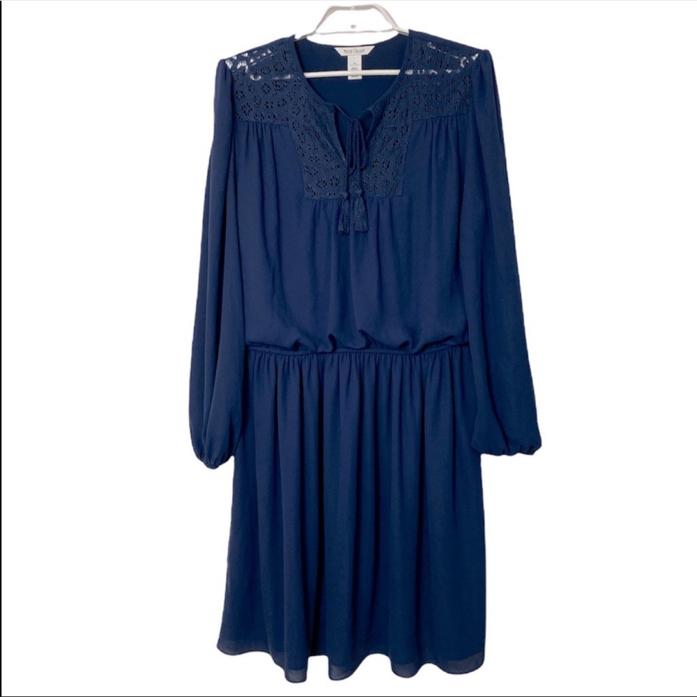 White House Black Market Long Sleeve Eyelet Tie Neck Dress in Navy